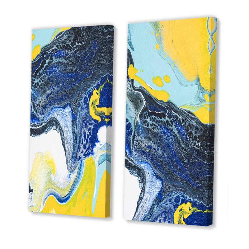 «Dark Blue and Yellow Marble Art», ensemble de 2 peintures sur toiles, H 20 po x l 24 po x P 1 po, Toile tendue