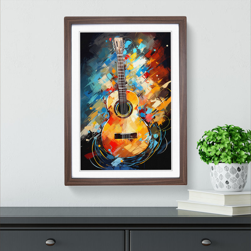 Acoustic Guitar Modern Framed Print, 34cm H x 25cm W x 2cm D, Walnut