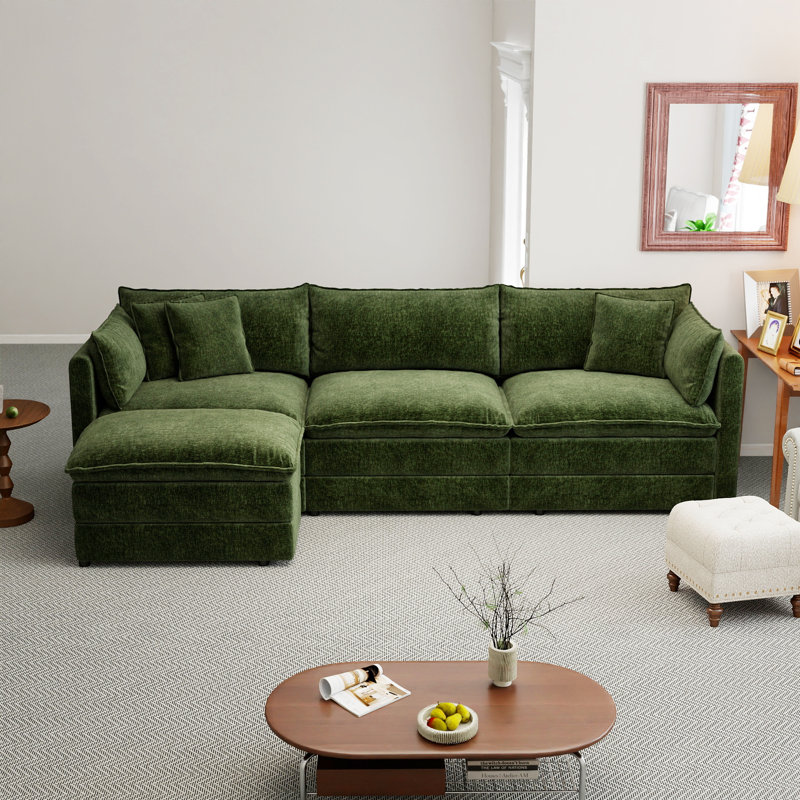 112" L Shaped Modern Sofa Modular Sectional Cloud Couch With Ottoman, 4-Seat Chenille Deep Seat Sofa With Pillow For Living Room