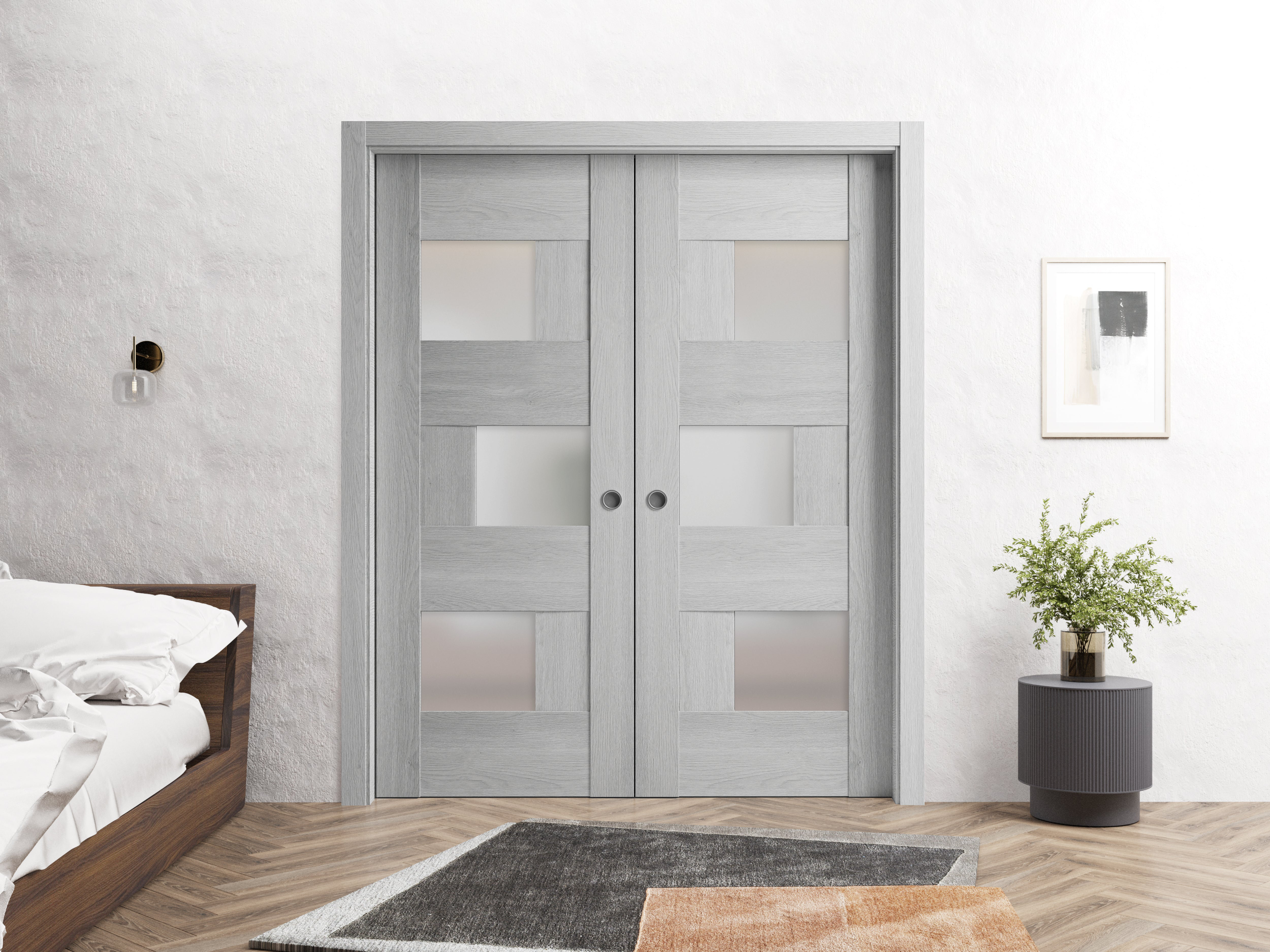 Sete Frosted Glass Sliding French Double Pocket Doors VDomDoors Size: 48'' x 80'' Finish: Gray, image size:5000x3750