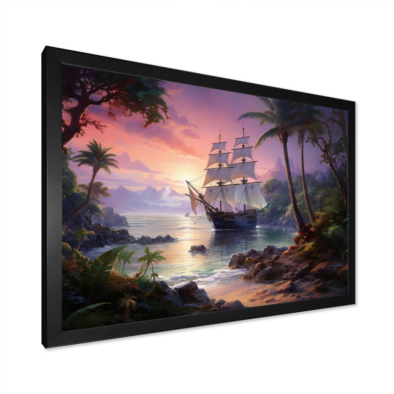 Bateau pirate, île perdue - Transport, impressions sur toile, H 34 po x l 44 po x P 1,5 po, Cadre photo noir