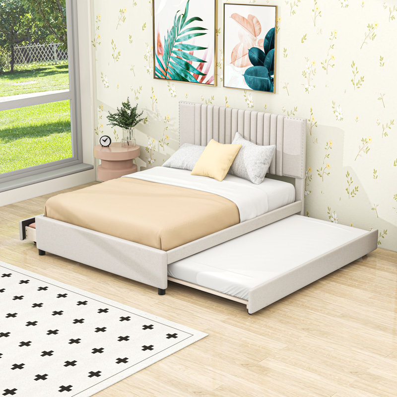 Lit plateforme double tapissier 2 tiroirs avec lit gigogne simple et tête de lit, Beige