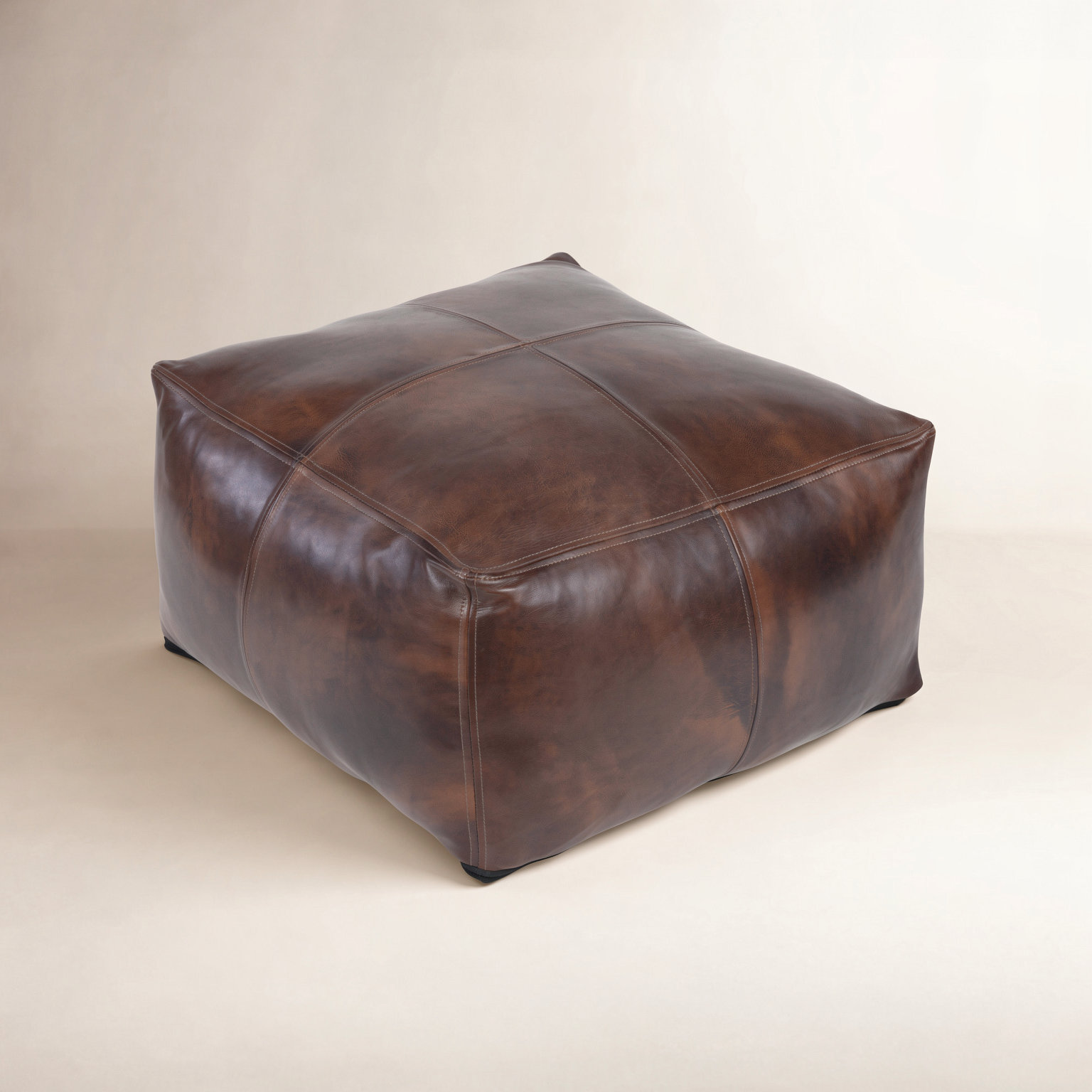 Upholstered Pouf, Dark Brown Genuine Leather