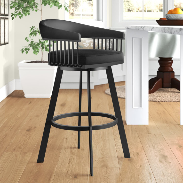 Robinett Swivel Counter or Bar Height Bar Stool with Arms and Footrest in Faux Leather and Metal