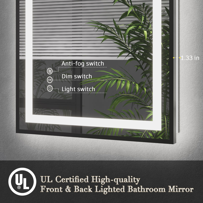 Molly Black Metal Framed LED Front Light and Backlit Anti-Fog Wall Bathroom/ Vanity Mirror, 51" x 32", Black
