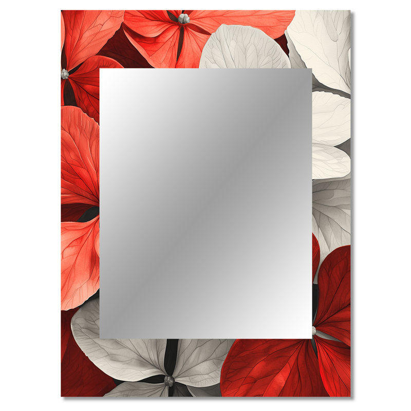 Monogramme d'hydrangées rouges et pétales d'accent I - grand miroir mural, miroir traditionnel, 40 po x 30 po