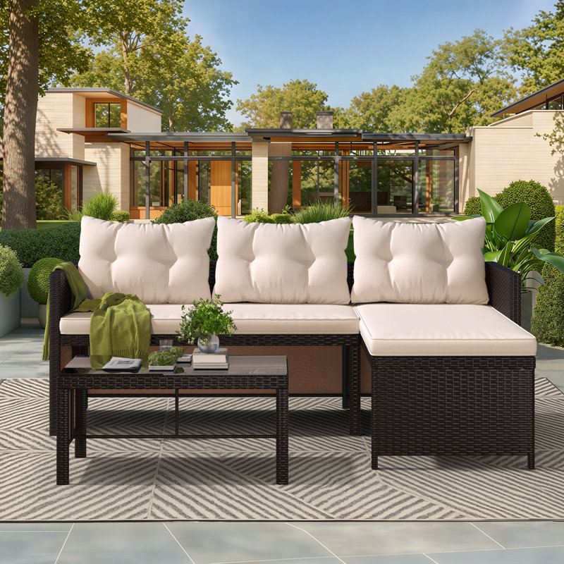 3 Piece Outdoor Patio Furniture Set, All-Weather PE Rattan Sofa Set With Glass Table & Cushions, Perfect For Garden, Poolside, Yard