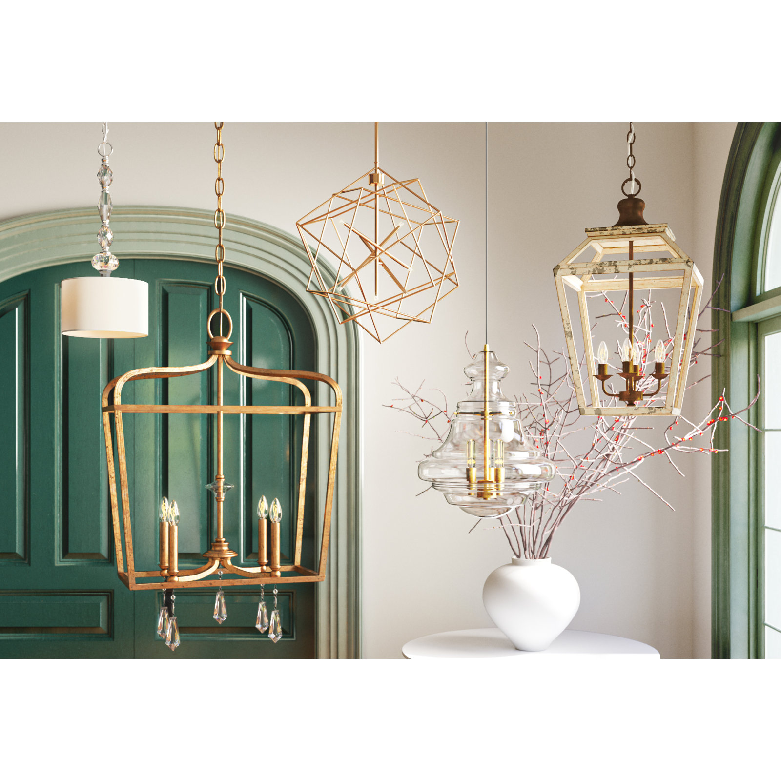 Burtt 3 Light Glass Dimmable Pendant, Natural Brass