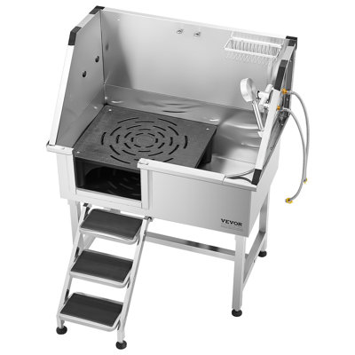 38 Inch Stainless Steel Dog Washing Station, Pet Grooming Tub With Hot And Cold Faucet, Showerhead, Home Wash Sink, Fits Small And Medium Cats And Dogs, Non-Slip Stairs (Left Door)