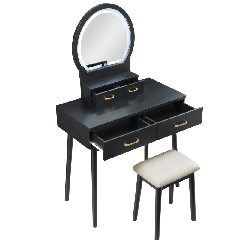 Practical And Stylish Vanity Dresser With Black Finish, 4 Drawers, Led Mirror, Stool For Bedroom High - Quality Lighted Matching