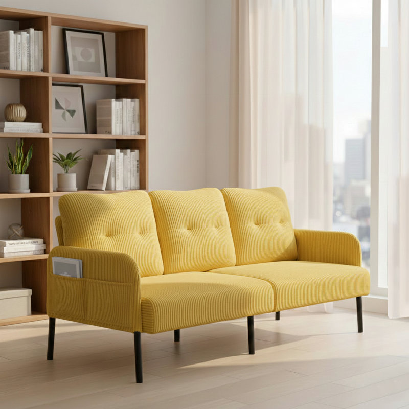 Canapé moderne en velours côtelé avec poches latérales et pieds en métal minimalistes, Jaune moutarde