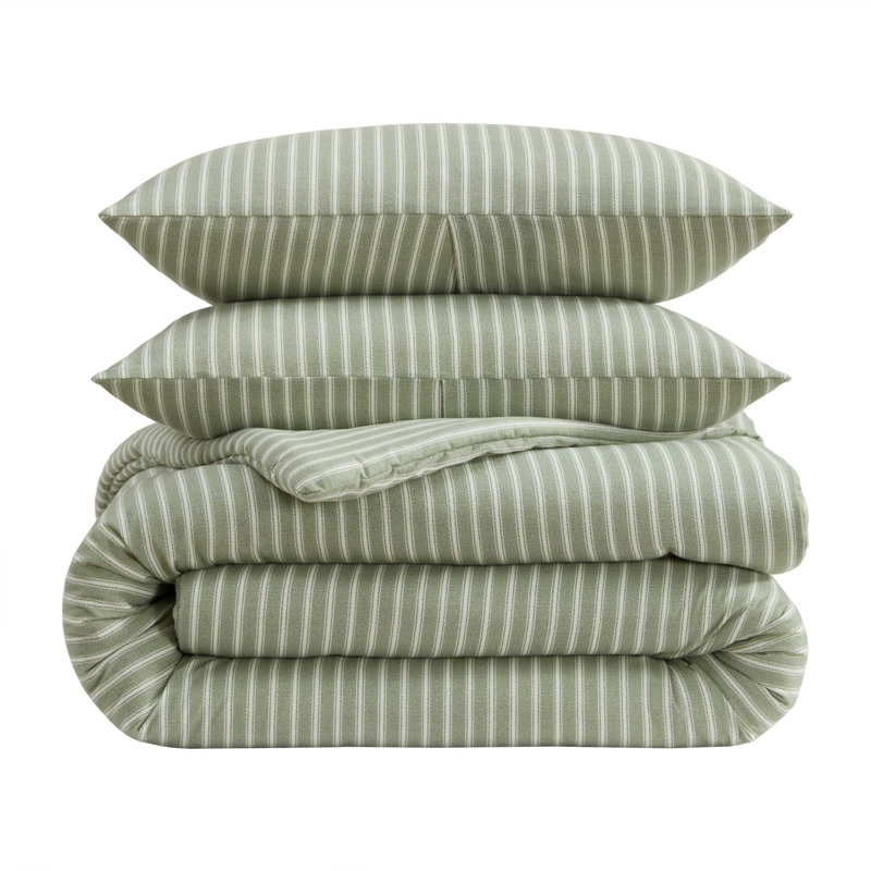 Ensemble d'édredon réversible en flanelle de coton Laura Ashley Mulholland, King Comforter + 2 King Shams, Green Striped
