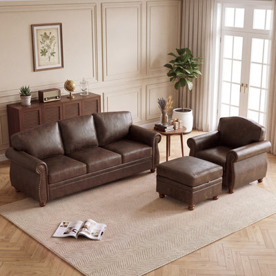 Ensemble de canapé modulaire en chenille de salon Landassy Home, collection Sedona, canapé 3 places avec garniture cloutée, fauteuil rembourré confortable et repose-pieds de rangement pour appartement, brun foncé