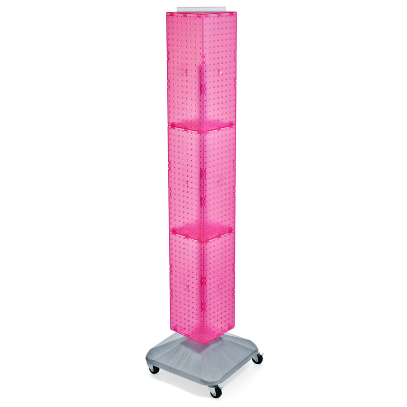 Présentoir à quatre côtés en panneau perforé sur base pivotante à roulettes. Tour Spinner Rack. Taille du panneau: l 8 po x H 60 po