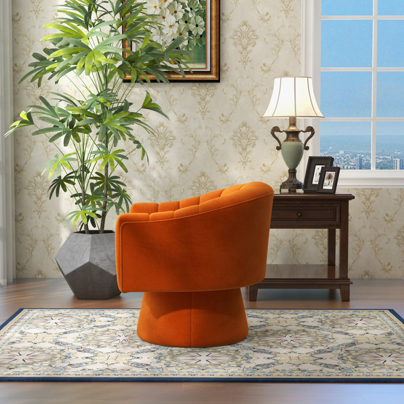 Fauteuil demi-tonneau pivotant de 25,2 po Iryanna, Velours orange, 1