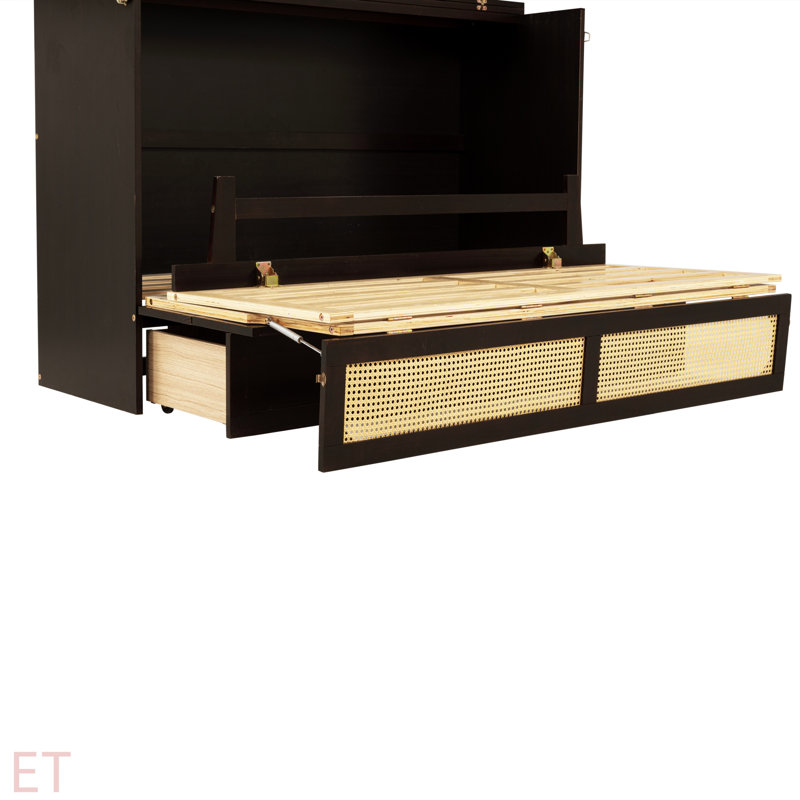 Grand lit escamotable, armoire en bois de pin avec décoration en rotin et tiroir de rangement, Espresso