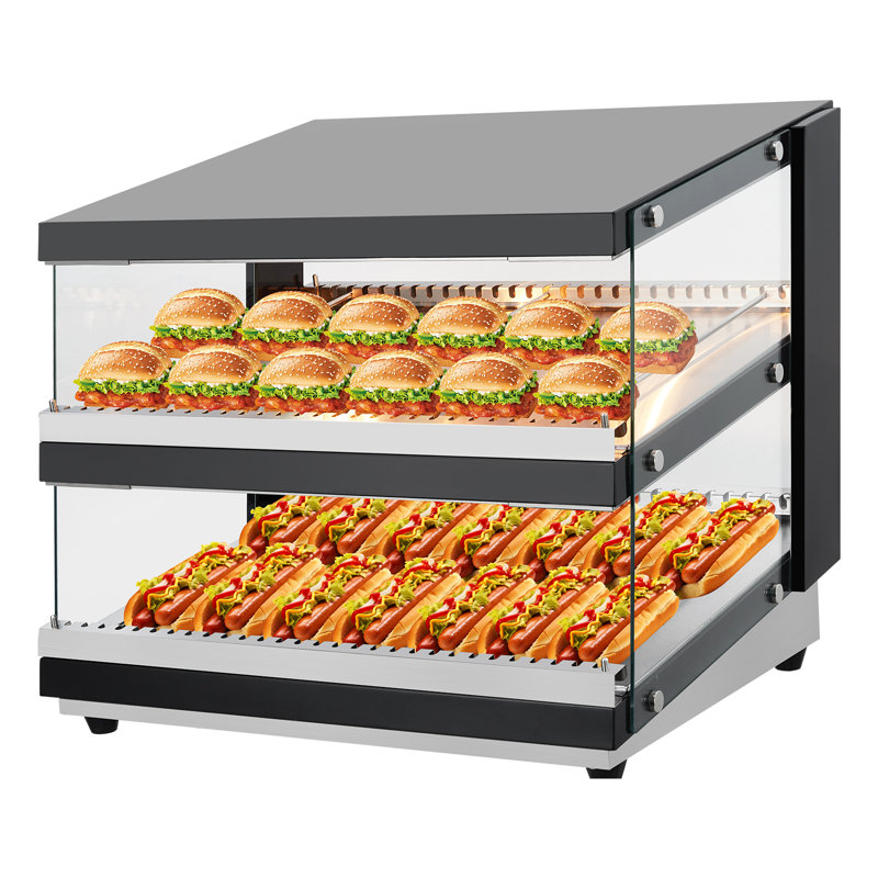 Vitrine de chauffe-plat commerciale à 2 niveaux, chauffe-pizza électrique et collation avec lumière DEL, présentoir en verre trempé pour boulangerie, buffet et restaurant