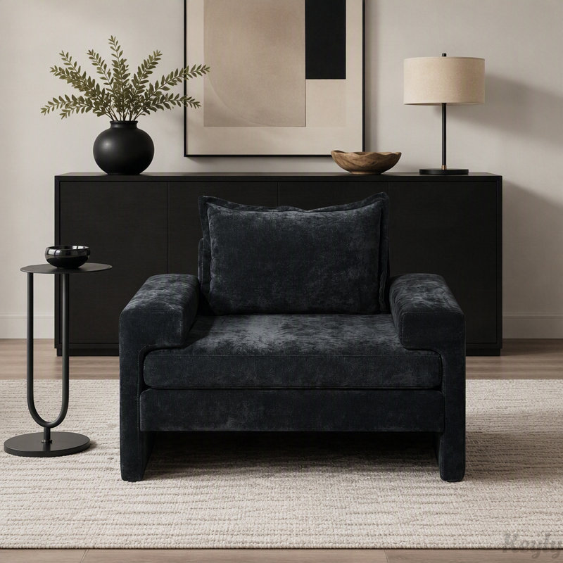 Fauteuil surdimensionné rembourré en chenille avec accoudoirs larges, Green Chenille