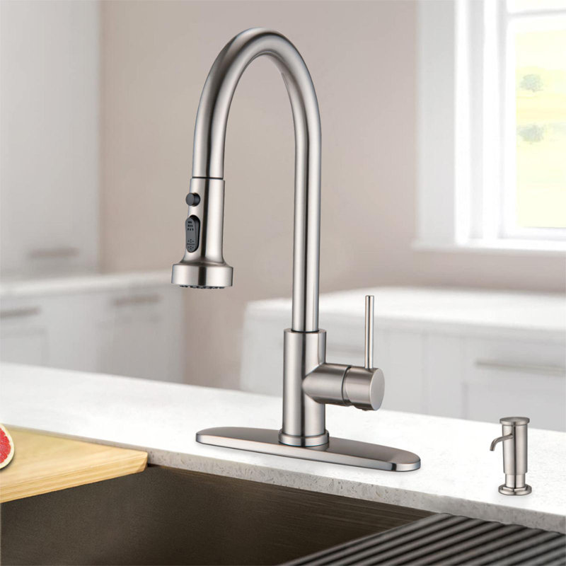 KISRAIS Pull Down Kitchen Faucet with Soap Dispenser, Brushed Nickel