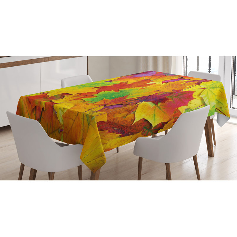 Fall Tablecloth, Different Colored Vibrant Many Autumn Maple Leaves Nature In November Scenery Photo, Rectangular Table Cover For Dining Room Kitchen Decor, 52" X 70", Yellow Purple