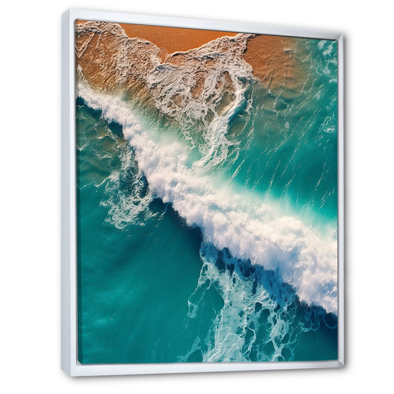 Photographie aérienne de vagues turquoise se brisant - reproduction, H 20 po x l 12 po x P 1 po, Cadre flottant blanc
