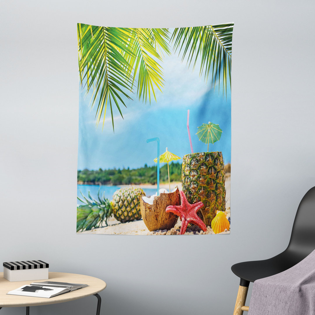 Wandteppich, Kokosnuss Ananas Sommer, Blau Grün Braun