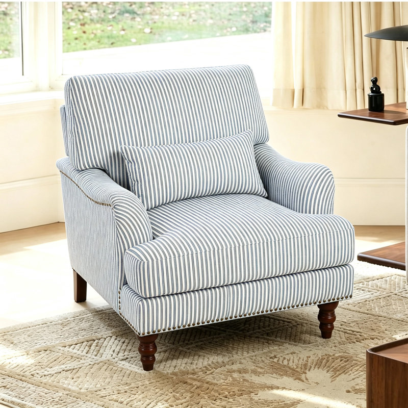 Fauteuil rembourré, Lin bleu à fines rayures