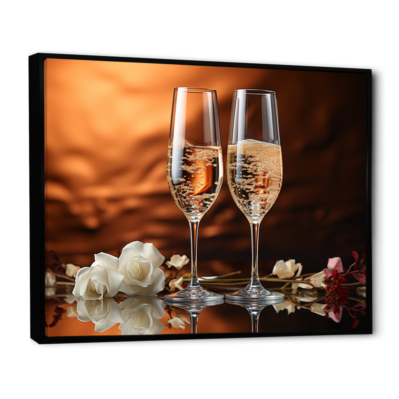 Verre doré champagne champagne - art mural champagne, Cadre flottant noir, H 30 po x l 40 po x P 1,5 po