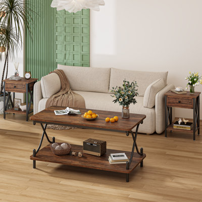 Ambrogino 3-Piece Living Room Table Set, Coffee Table with 2 End Tables, Industrial Wood & Metal Accent Furniture Set, Rustic Modern Center Table and Side Tables for Living Room, Apartment, Small Space