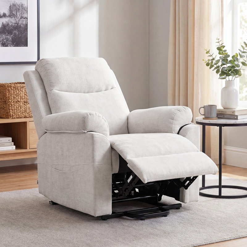 Single Sofa Recliner Armchair Reclining Chair, Beige White Chenille, Beige White