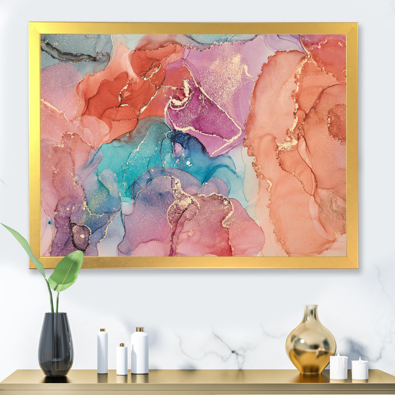 Turquoise et brun, art abstrait fluide de luxe III - peinture sur toile, H 30 po x l 40 po x P 1,5 po, Encadrement doré