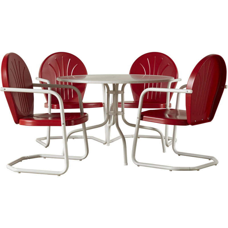 Burley Round 4 - Person 39" Long Powder Coated Steel Dining Set, Bright Red Gloss