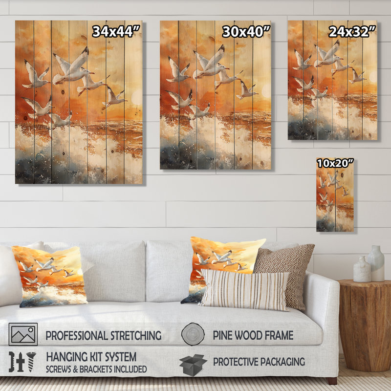 Mouettes au lever du soleil IV - Décoration murale en bois d'oiseau - sur bois de pin naturel, H 20 po x l 10 po
