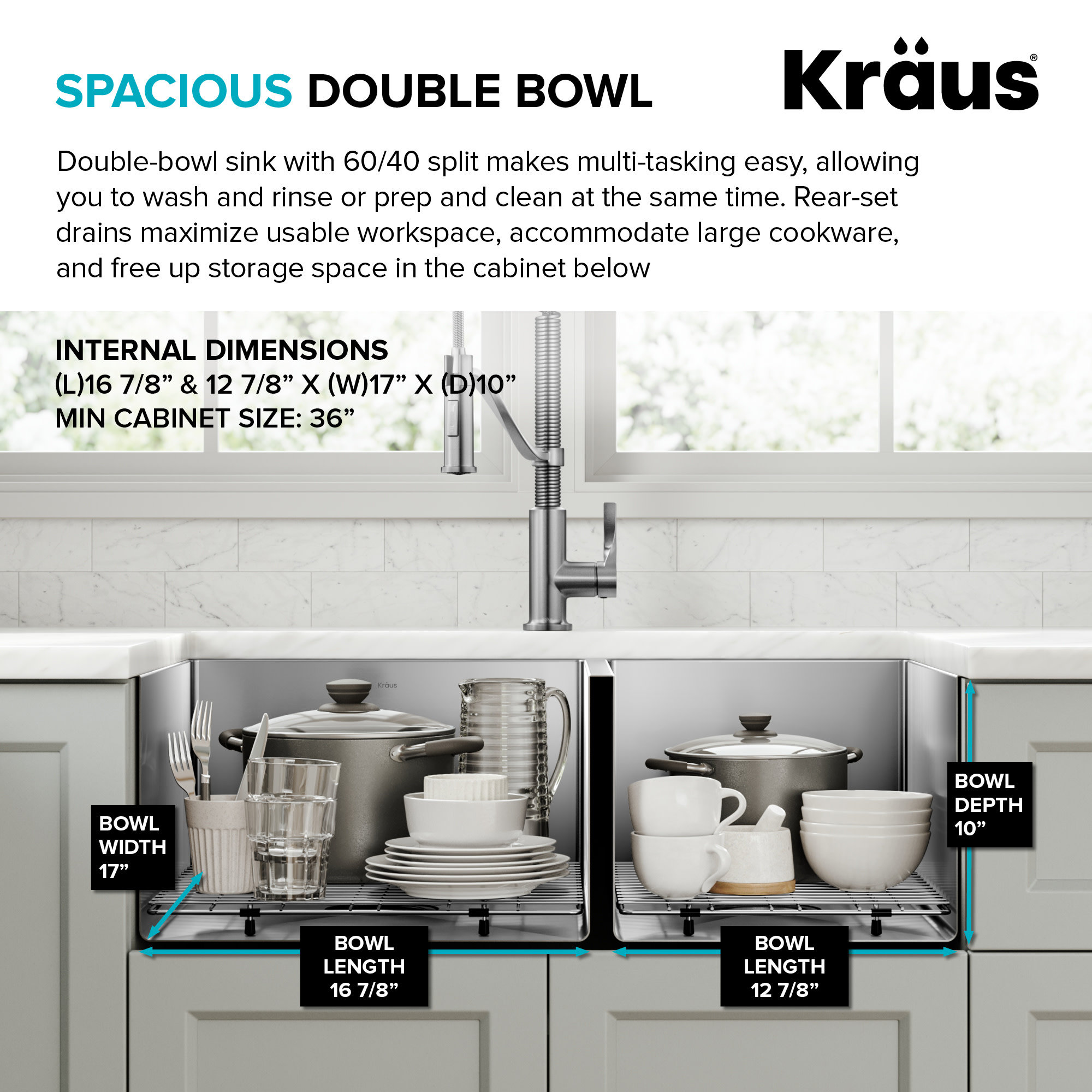 KRAUS Standart PRO™ Undermount 60/40 Double Bowl 16 Gauge Stainless Steel Kitchen Sink, 10"H x 19"W x 32.75"L