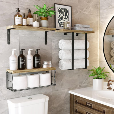 Floating Shelves Wall Mounted Over Toilet: Bathroom Shelf With Towel Rack Paper Holder Storage - Rustic Wood Farmhouse Shelves For Wall Decor/Bathroom -  GLOBAL GIRLS LLC, FS232