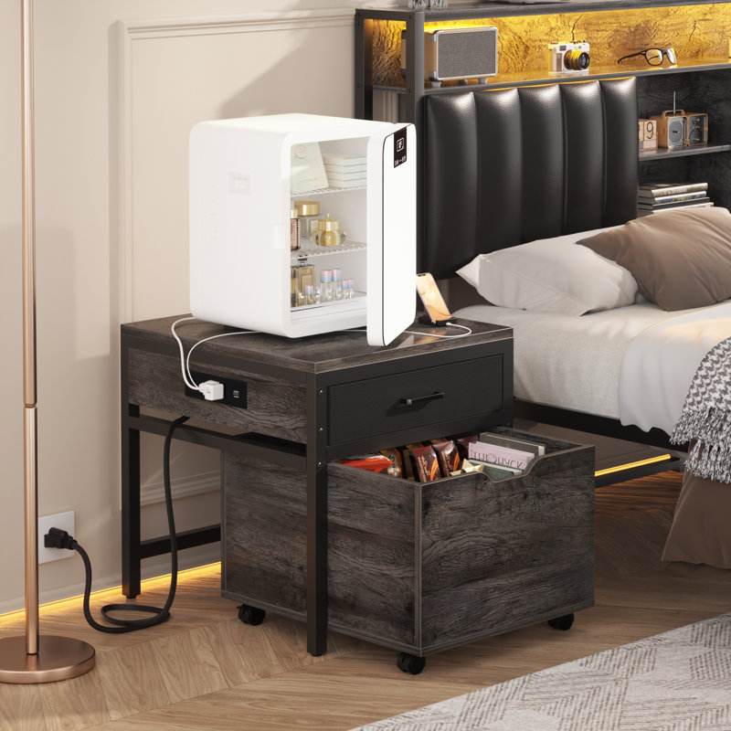 Fridge Stand With Storage And Charging Station, Grey Oak