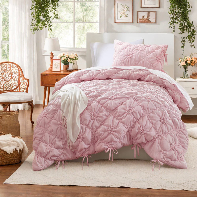 Ensembles de literie à motif floral rose doux, édredon simple en microfibre avec motif confortable toutes saisons