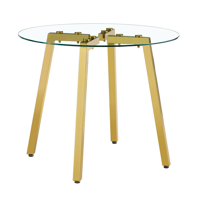Modern Luxurious Round Tempered Glass Dining Table With Gold 7-Shaped Metal Legs, Suitable For Family Meals, Office Conferences, Or As A Casual Coffee Table For Various Occasions. 36*36*29.5