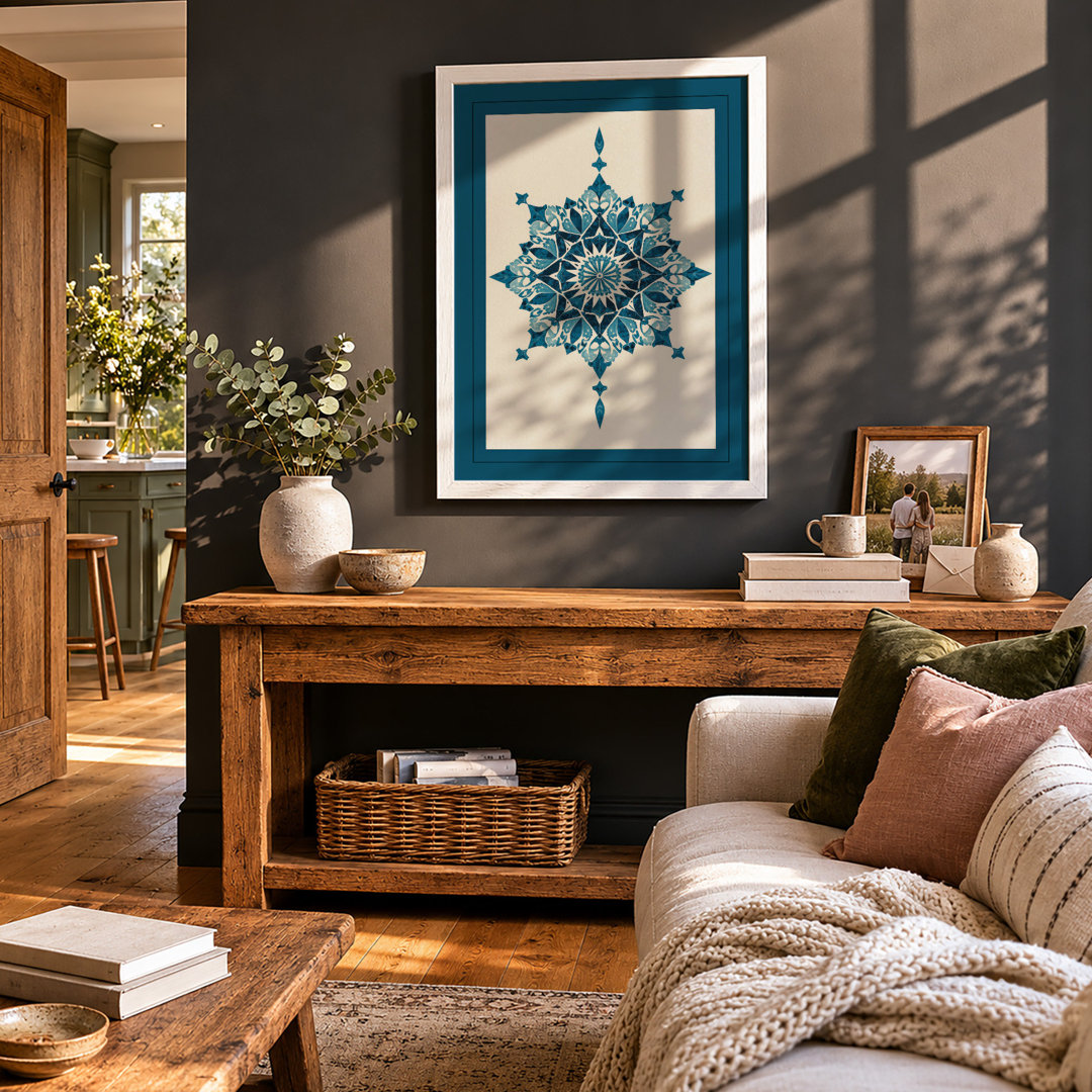 Teal Mandala Pattern Geometric - Framed Print