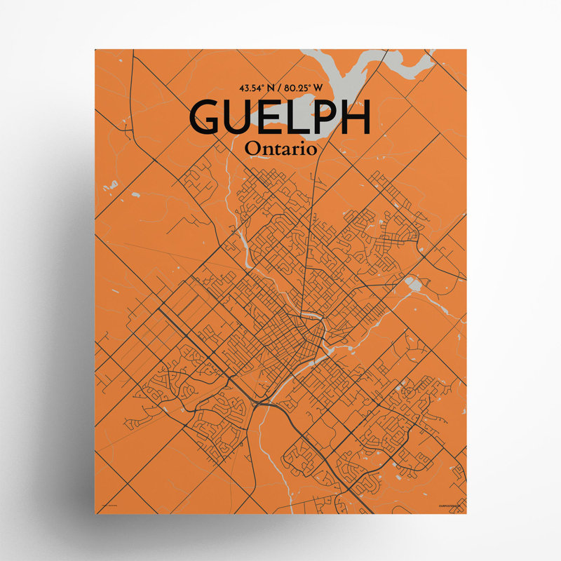Guelph City Map, impression, H 20 po x l 16 po, Orange / gris