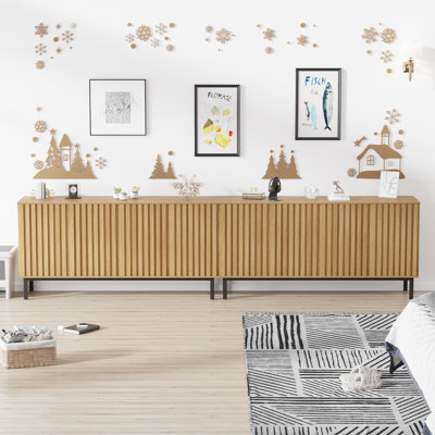 Modern Fluted Sideboard Buffet Cabinet – 60 Inch Wooden Freestanding Storage Console with Adjustable Shelf, 4 Doors, for Living Room or Dining Room – Wood Color, Four Doors