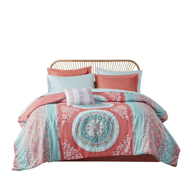 Édredon double avec draps - Bordure de couleur unie médaillon corail