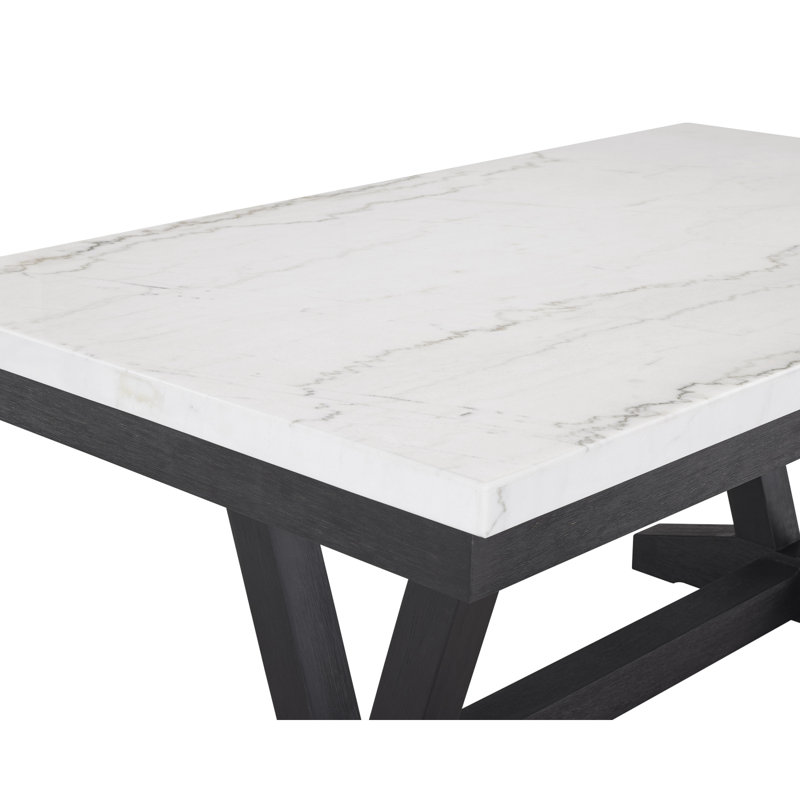 Ensemble de salle à manger 7 pièces de style contemporain avec plateau en marbre véritable blanc et gris, Marbre blanc cassé
