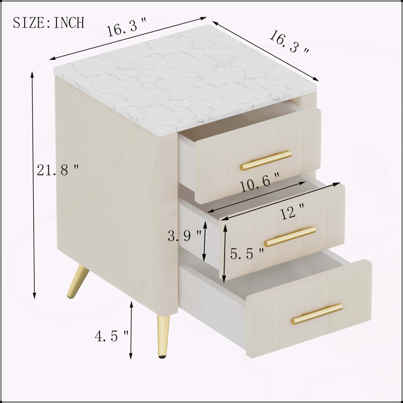 Table de chevet rembourrée en bois avec 3 tiroirs et pieds en métal
