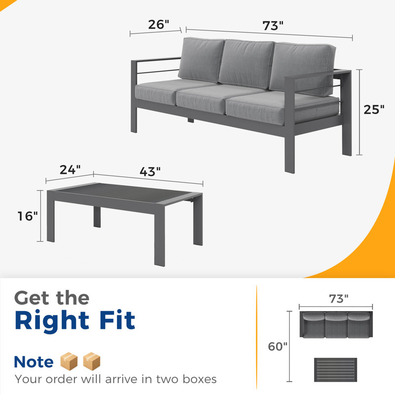 Ensemble de conversation pour l'extérieur en aluminium avec coussins 3 personnes, 2 Pcs: Coffee Table, Sofa, Grey, Grey