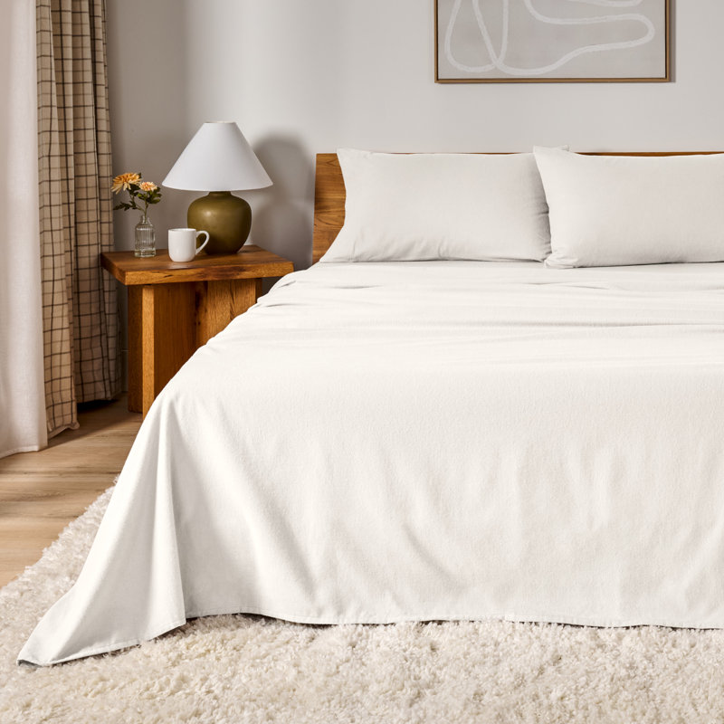 100% Cotton Flannel Sheet Set, Cream, Full / Double Sheet Set with 2 Pillowcases