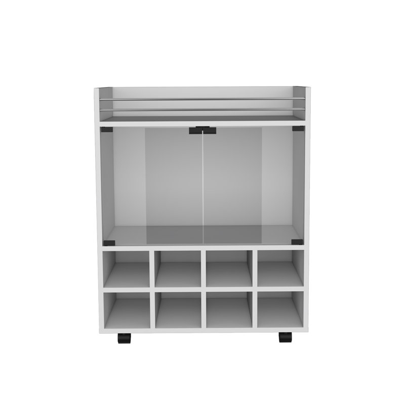 Chariot-bar avec support intégré pour 8 bouteilles, armoire à double porte vitrée et surface supérieure bordée d'aluminium