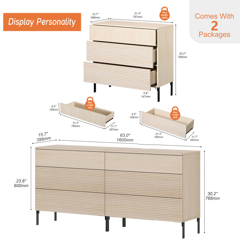 Meuble télé 6 tiroirs Union Rustic Modern, meuble télé Reeded, Beige