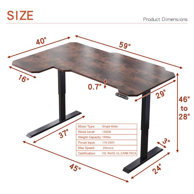 Daycia Height Adjustable L-Shape Standing Desk, Brown/Black