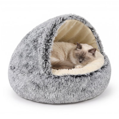 Hooded Cat Cave Bed, Soft Round Donut Cat Bed with Canopy, Detachable Washable Short Pile Plush Cushion, Anti-Slip Indoor Pet Nest for Cats, Gradient Gray 20"